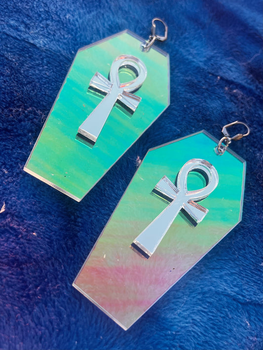 Eternal life Holographic Coffin ankh earrings