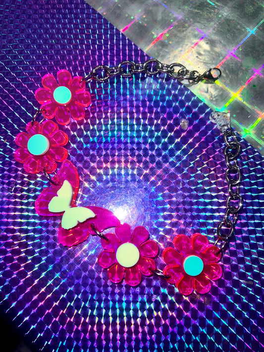 Butterfly Barbie Neon Pink Flower Power Choker