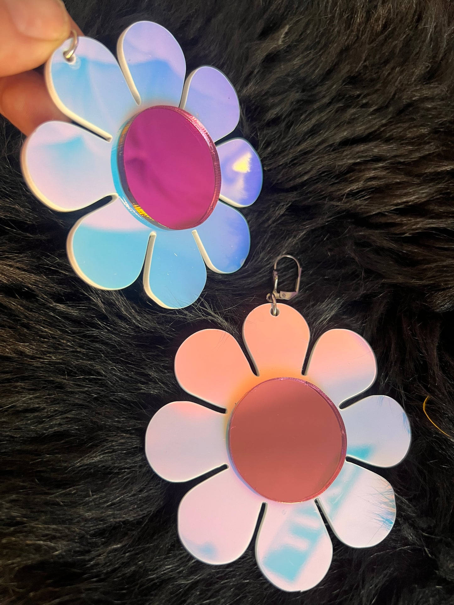 Holographic & pink mirror Flower Power Earrings