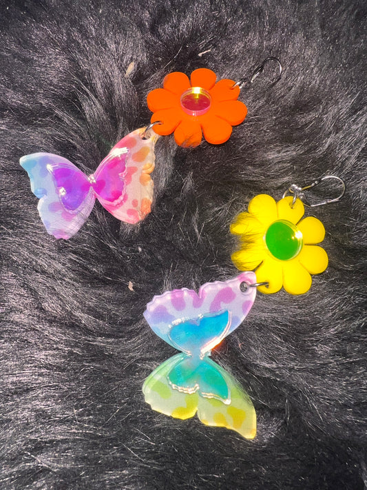 Rainbow Flower bb Butterfly drip Earrings (one of a kind)