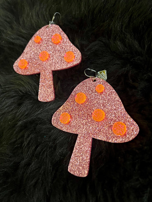 Neon Pink glitter mushroom magic Earrings